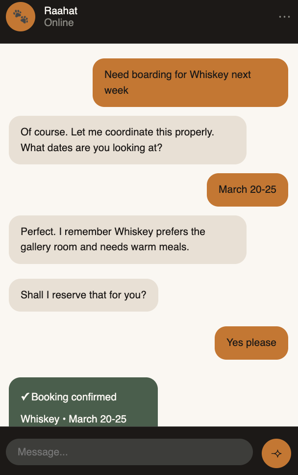 Raahat AI concierge chat interface